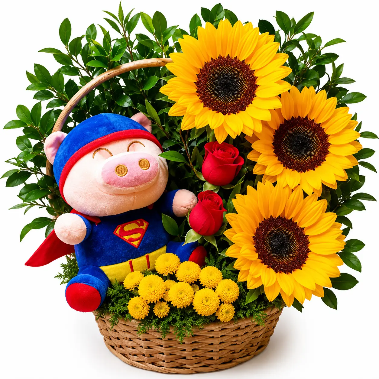 Arreglo floral de girasoles con peluche ideal para baby shower o regalo para clínicas y hospitales alegre y especial con delivery en Lima
